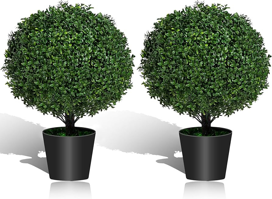 2 Pack Artificial Boxwood Topiary Ball Trees 22'', Outdoor Faux Shrubs UV Resistant, Lasting Ever... | Amazon (US)