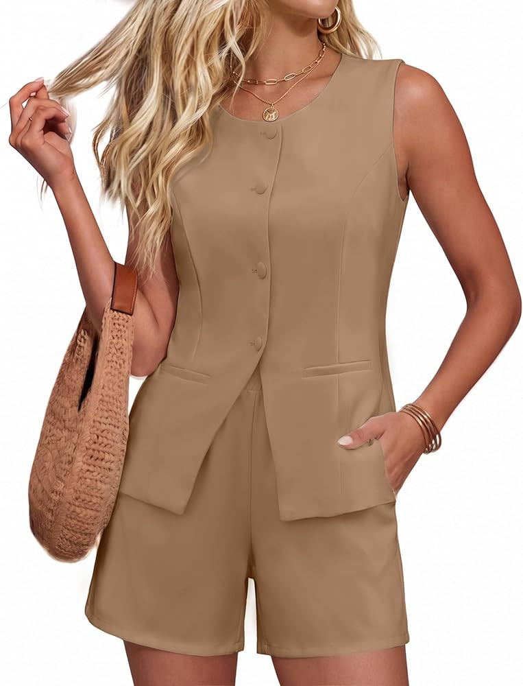 Women's Summer 2 Piece Sleeveless Suit Vest Short Sets Business Casual Outfits for Work Office Va... | Amazon (US)