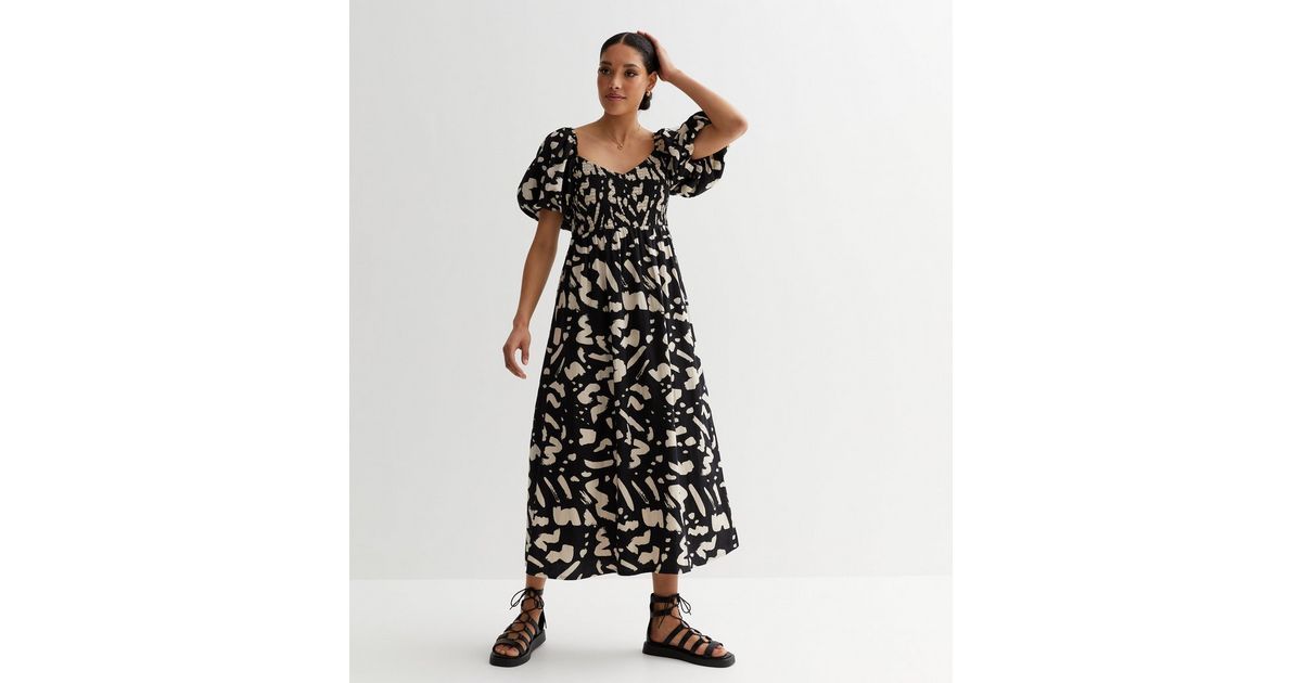 Black Abstract Shirred Puff Sleeve Midi Dress
						
						Add to Saved Items
						Remove from S... | New Look (UK)