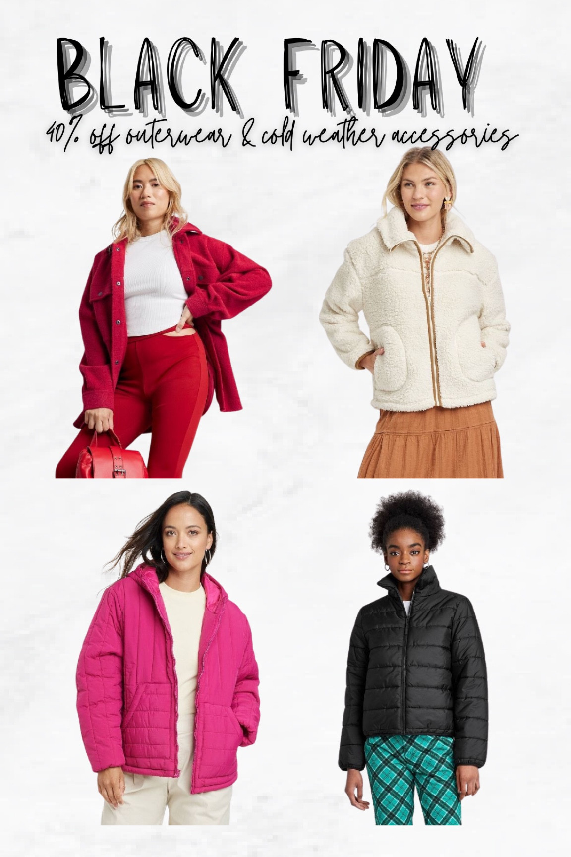 🚨BLACK FRIDAY🚨 40% off outerwear & cold weather accessories at Target

#LTKCyberweek #LTKSeasonal #LTKunder50