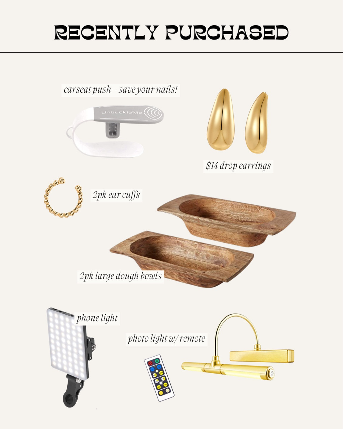 Recent amazon purchases!! Gold drop earrings, a little tool for the car set so you don’t break a nail! earring cuff  (no piercings needed) set of 2 large wooden dough bowls they are gorgeous! the alix earle light for your phone, and a little photo lamp that comes with a remote and it’s battery operated!  

#LTKbeauty #LTKhome #LTKunder50
