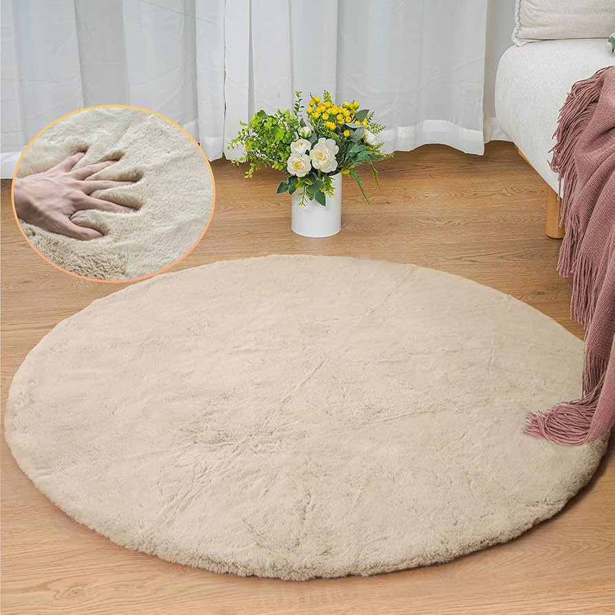 Light Brown Beige Plush Shag Faux Rabbit Washable Fuzzy Fur Rugs for Living Room Bedroom Kids Cir... | Amazon (US)