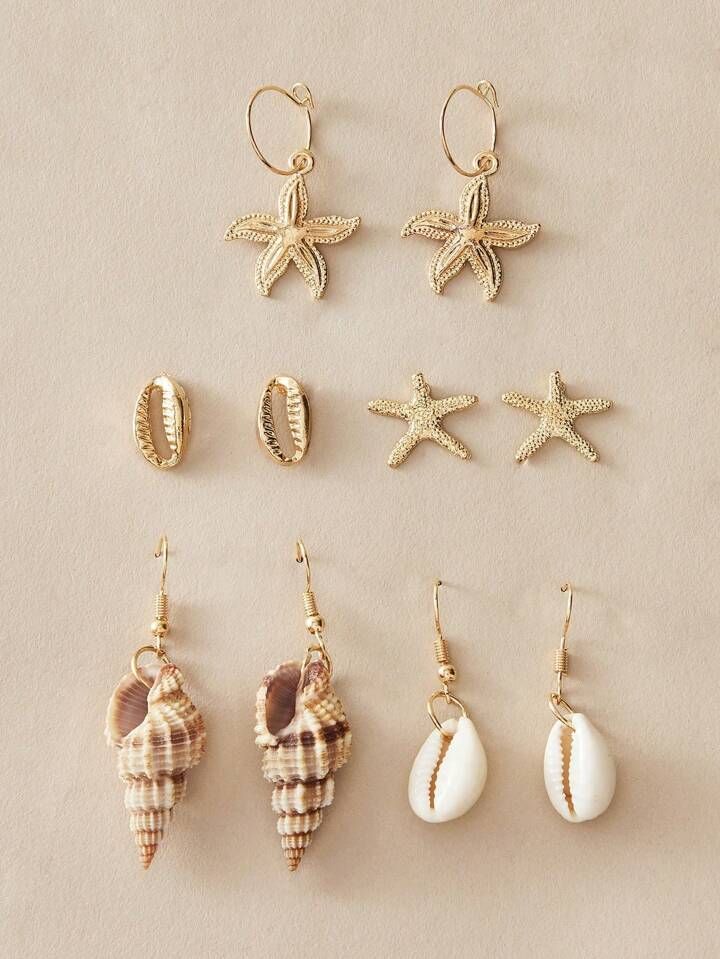 5pairs/Set Seastar & Seashell Design Earrings Set, Ocean Style, Suitable For Women, Festival & Pa... | SHEIN