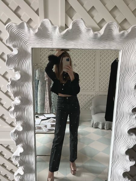 Another look at todays outfit! Black cardigan with rhinestone jeans and platforms. Easy outfit idea! Exact jeans are old Zara, but linking similar 

#LTKshoecrush #LTKstyletip #LTKworkwear