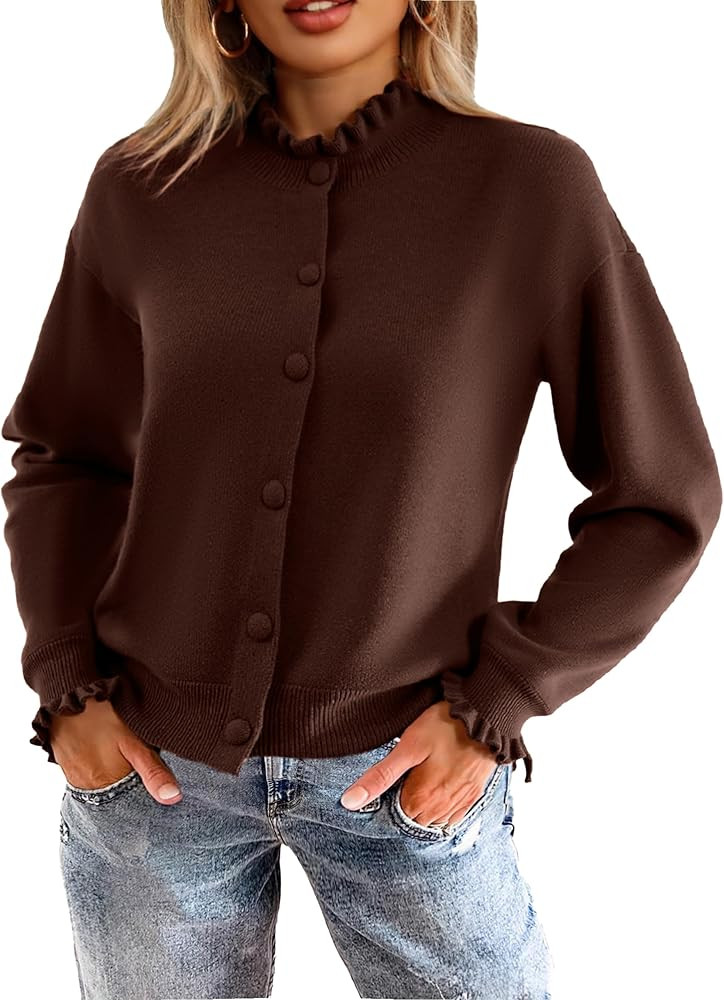 Simplee Short Knit Fall Cardigan Sweaters Cute Ruffle Mock Neck Long Sleeve Button Down Open Fron... | Amazon (US)
