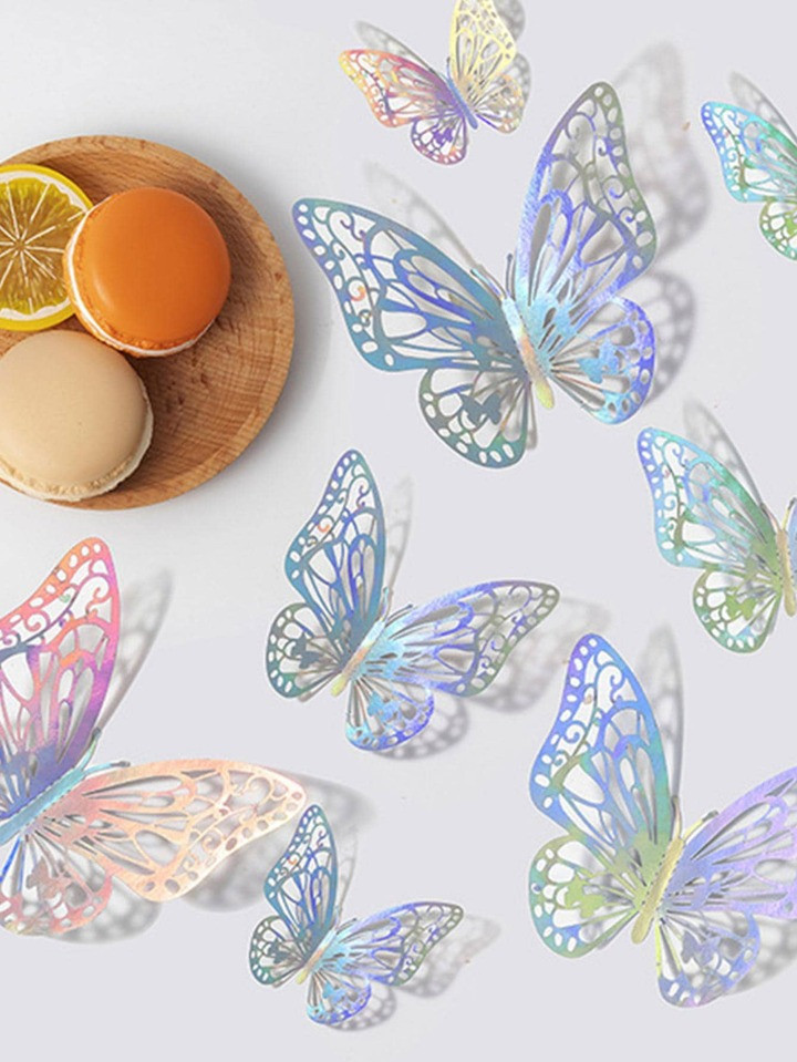 12Pcs/Set 3D Hollow Butterfly Wall Sticker Cake Decor Toppers Wedding Decor Living Room Home Deco... | SHEIN