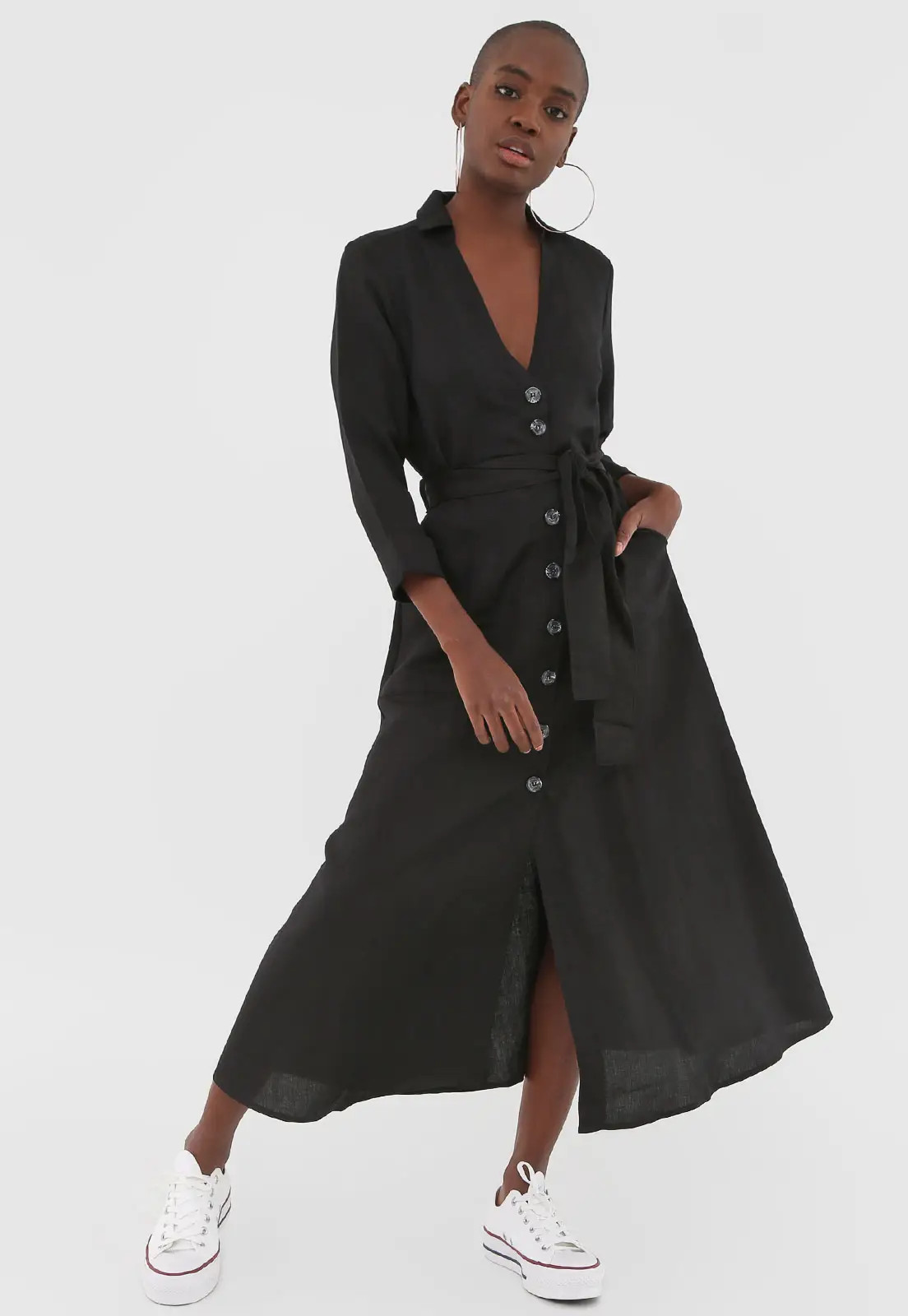 Vestido Linho Colcci Midi Chemise  Preto | Dafiti (BR)