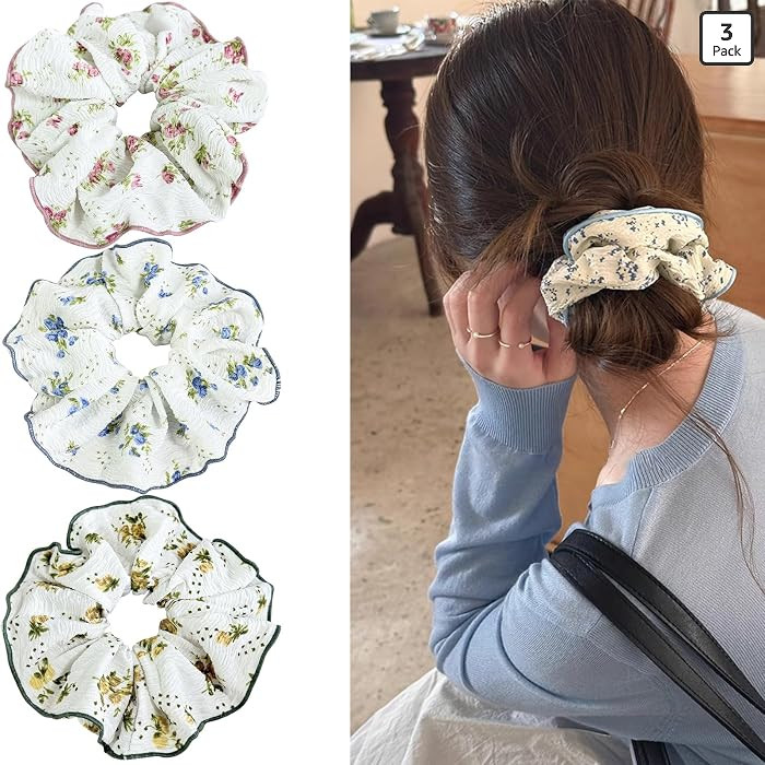 Jseng 3PCS Large Floral Scrunchies for Hair, Cute Hair Ties, Pink, Blue and Green | Amazon (US)