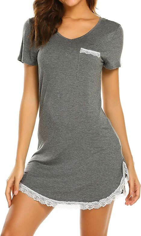 Sleepwear Womens Nightgown Sexy Sleep Shirt Dress V Neck Short Sleeve Lace Trim Soft Nightshirt (... | Amazon (US)