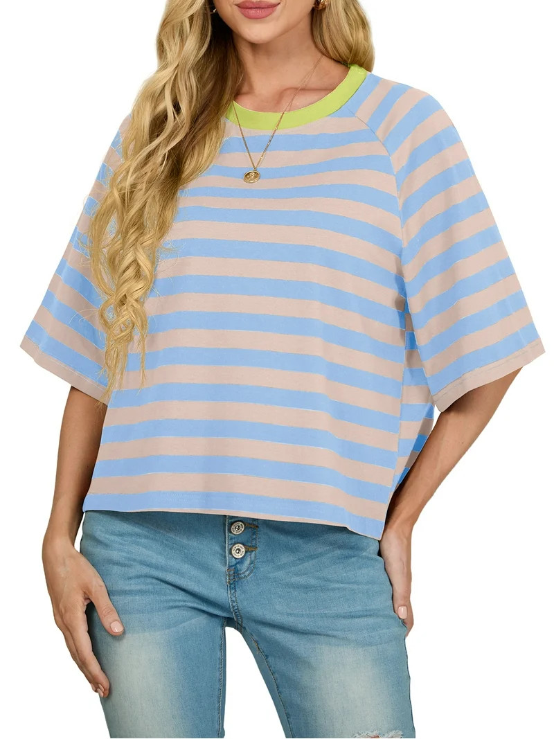 Cueply Women's Summer Short Sleeve Striped Oversized T Shirts Color Block Crewneck Design Tops Ca... | Walmart (US)