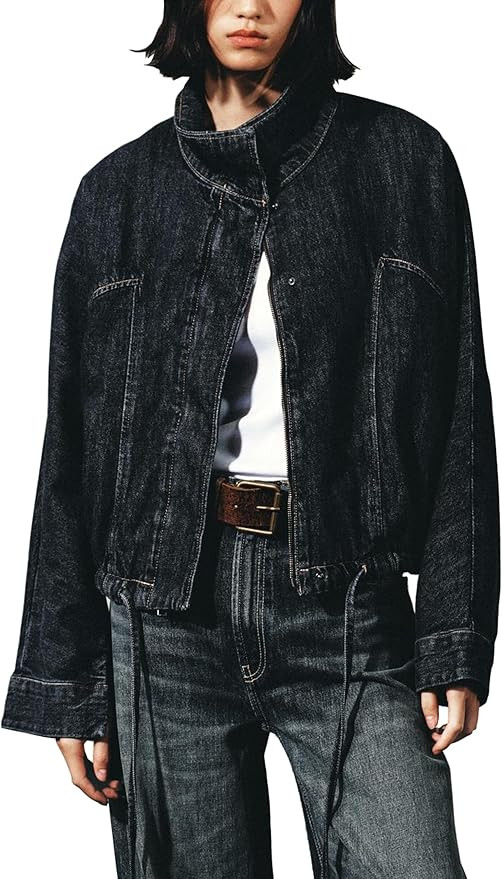 Denim Jackets For Women HIgh Neck Batwing Sleeves Jacket Drawstrings Hem Oversized Fall Tops | Amazon (US)