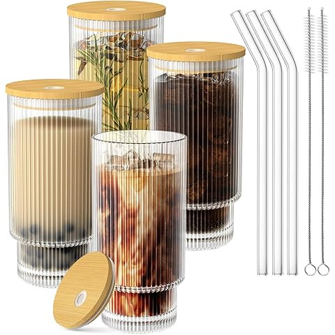 16OZ Ribbed Glass Cups with Lids and Straws 4 Set, Vintage Glassware for Whiskey Cocktail Beer, I... | Amazon (US)