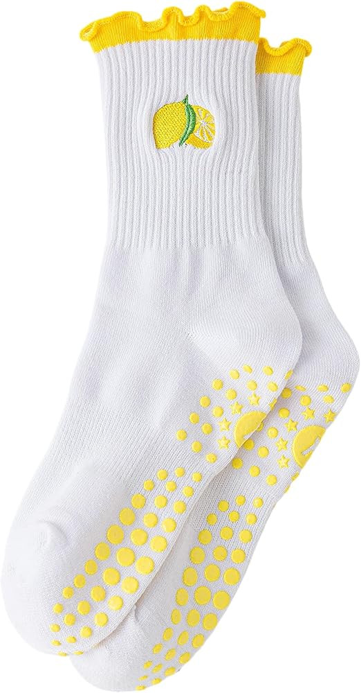 Yawlsow Cute Pilates Grip Socks for Women Ruffle Frilly Yoga Socks Non Slip Cotton Crew Grippy So... | Amazon (US)