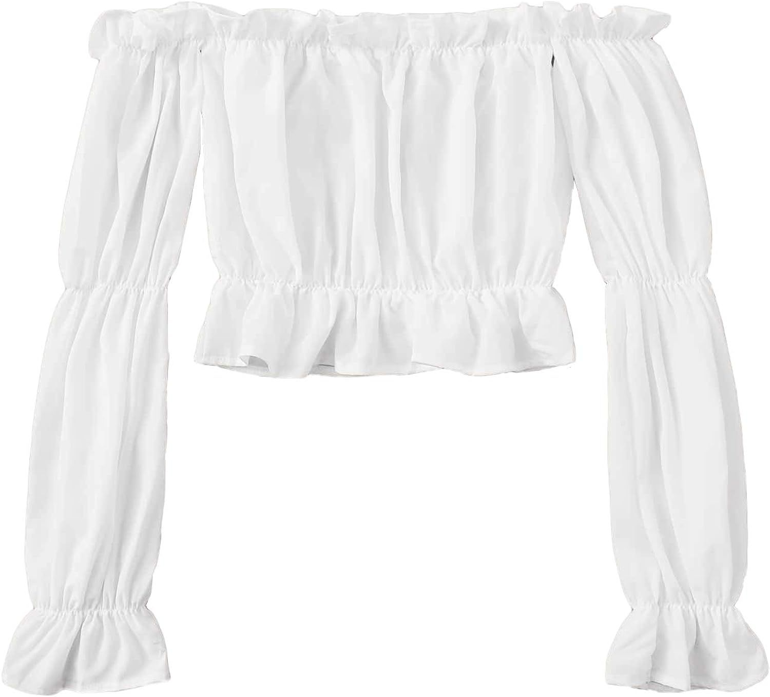 LYANER Women's Off Shoulder Ruffle Trim Puff Long Sleeve Tube Crop Blouse Shirt Top | Amazon (US)