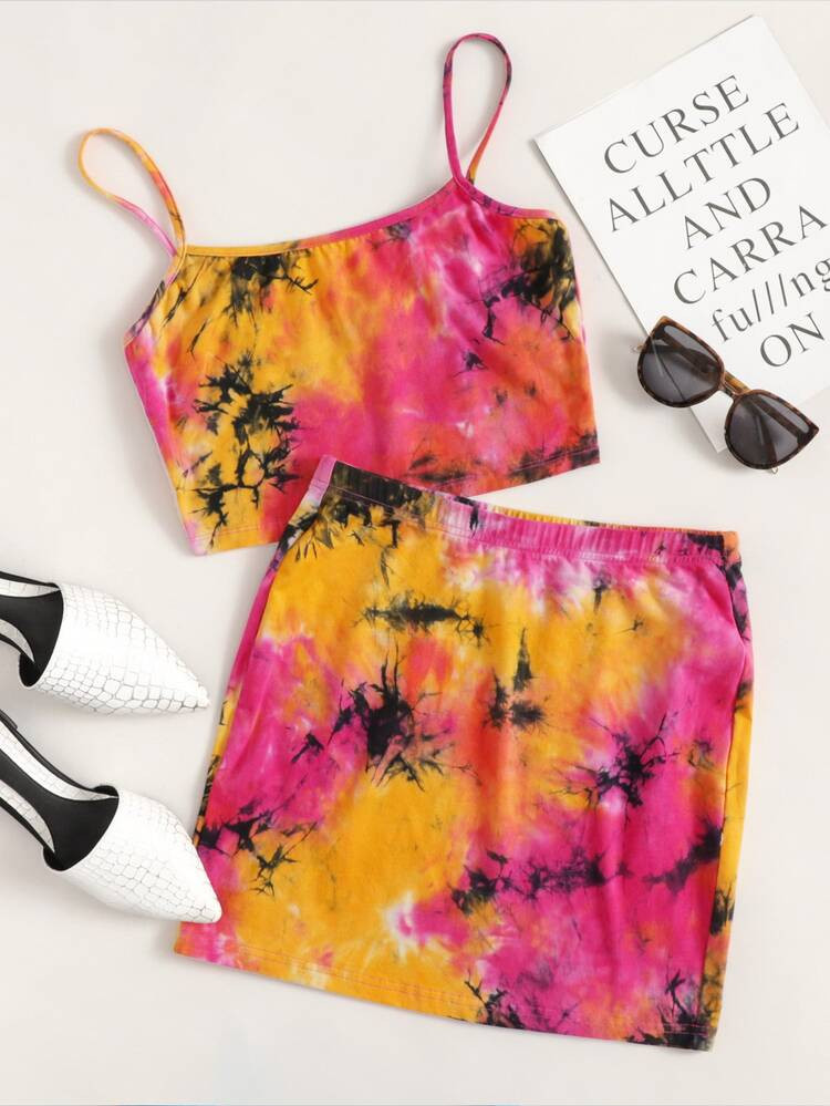 SHEIN Tie Dye Crop Cami Top & Bodycon Skirt Set | SHEIN