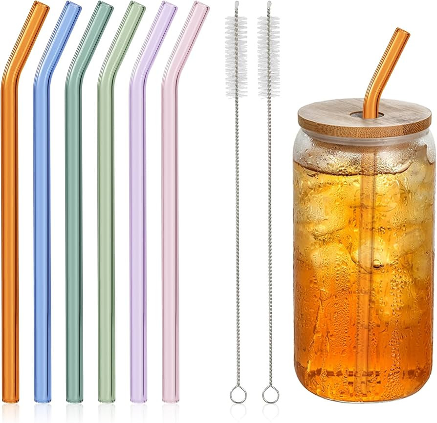 6 Pcs Reusable Bent Glass Drinking Straws,9''x10 mm Colorful Glass Straws for Beverages, Shakes, ... | Amazon (US)