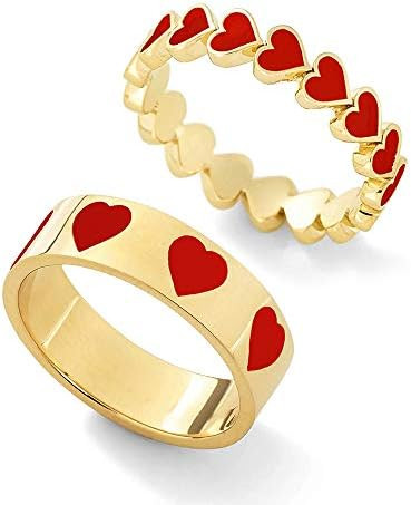 YOOESTORES82 2PCS Colorful Heart Ring Band Rings Set for Women Couple Cute Love Heart Plain Stack... | Amazon (US)