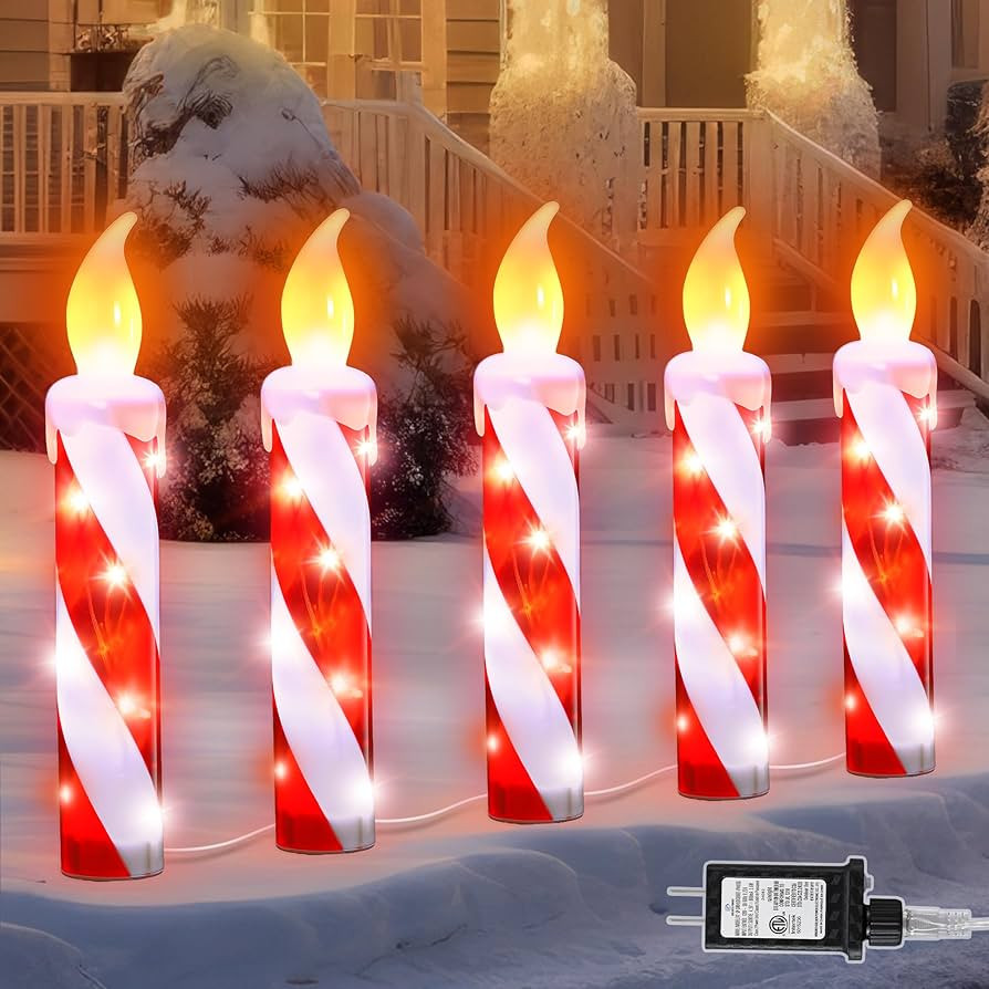5 Pcs Christmas Lighted Decoration Candle Outdoor, 23 Inch Waterproof Christmas 3D Candle Candy C... | Amazon (US)