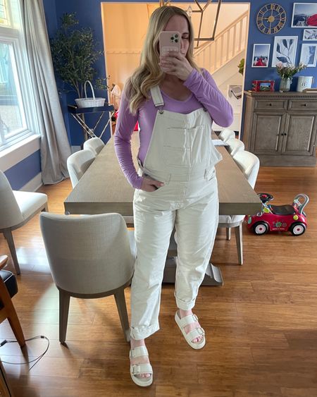 Mom uniform 💜 these cream color overalls are free people and they are SO good! Perfect for spring and summer. - midsize fashion - mom fashion - toddler mom 

#LTKSeasonal #LTKstyletip #LTKfindsunder100