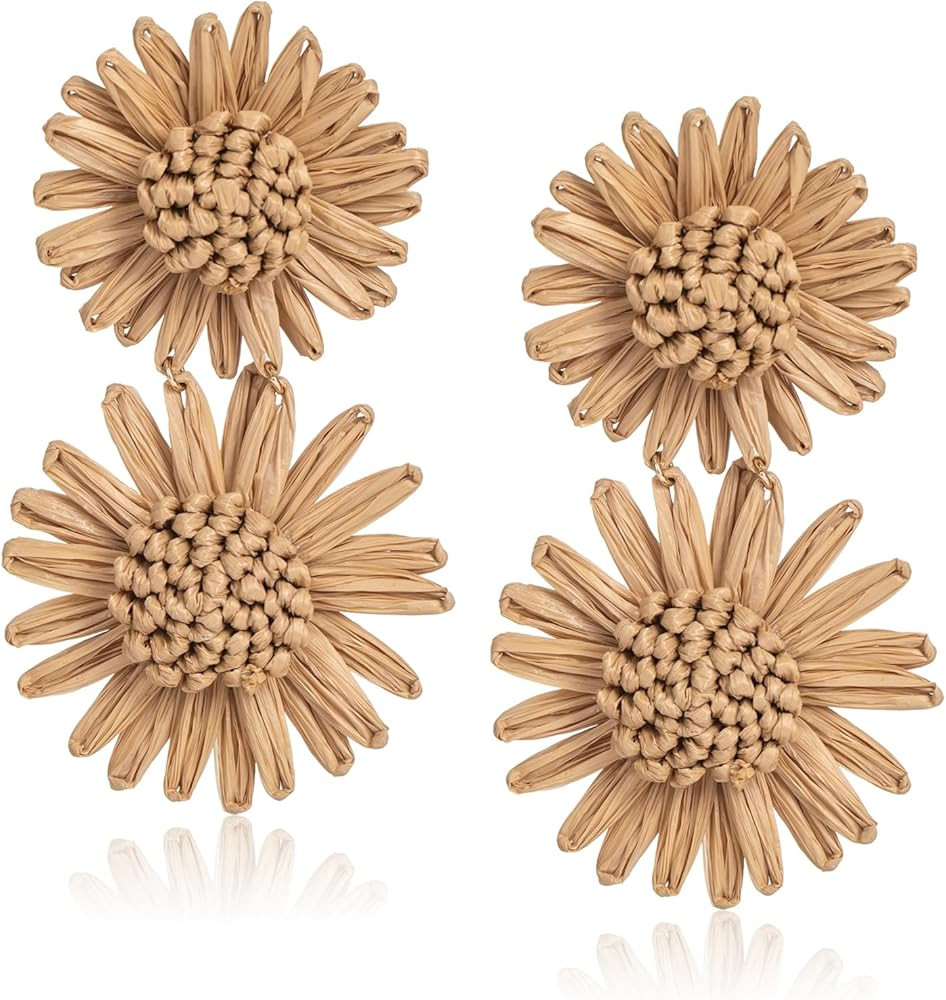 Raffia Flower Drop Earrings Daisy - Boho Statement Floral Dangle Earrings for Spring Summer Beach... | Amazon (US)