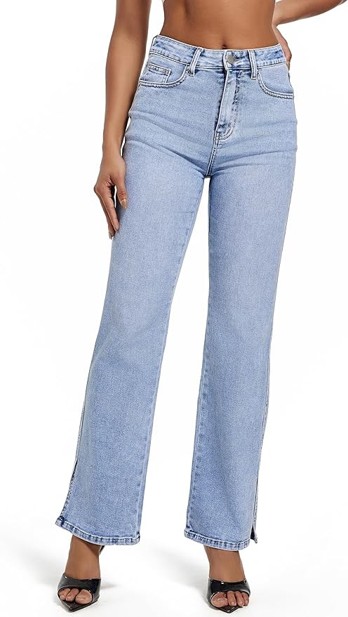 Womens Jeans Hig Waisted Straight Leg Loose Stretchy Tummy Control Trendy Side Slit Jeans for Wom... | Amazon (US)