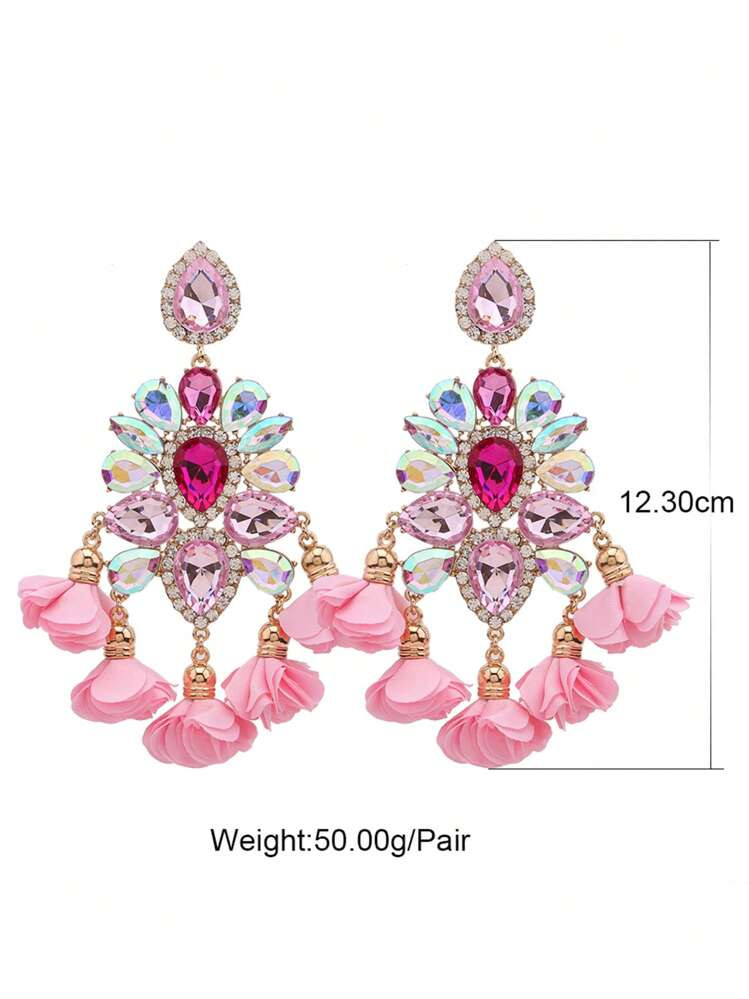 New India Earrings Women CLIP Drop Dangle Earrings 22k Gold Plated Sparkling Flower Design Inlaid Rhinestone Pick A Color U Prefer Party Accessories Valentines | SHEIN