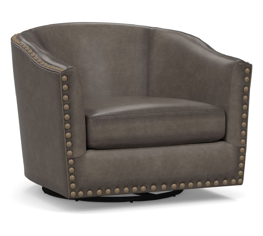 Harlow Leather Swivel Armchair with Bronze Nailheads, Polyester Wrapped Cushions, Burnished Wolf ... | Pottery Barn (US)
