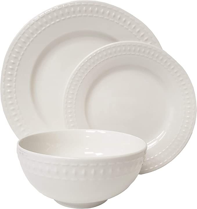 Tabletops Gallery Embossed Bone White Porcelain Round Dinnerware Collection- Chip Resistant Scrat... | Amazon (US)
