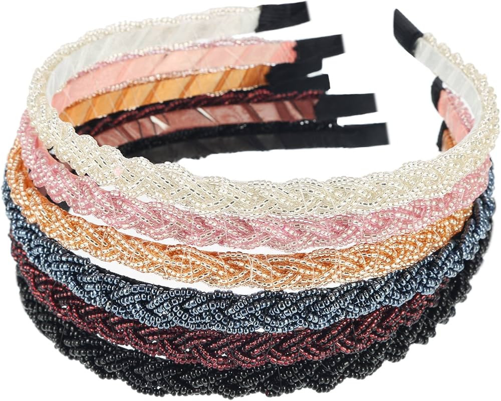 MTLEE 6 Pieces Beaded Headbands Sparkly Crystal Beaded Hair Hoop Hairbands Multiple Color Hair Ac... | Amazon (US)