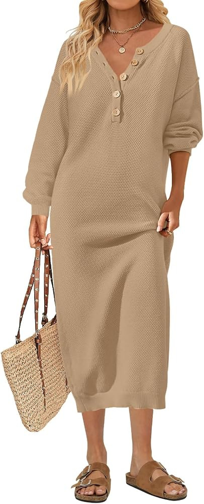 MEROKEETY Women's 2023 Long Sleeve Button V Neck Sweater Dress Casual Fall Loose Knit Maxi Dress | Amazon (US)