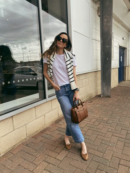 wide leg jeans, brown flats, brown handbag, stripe sweater
