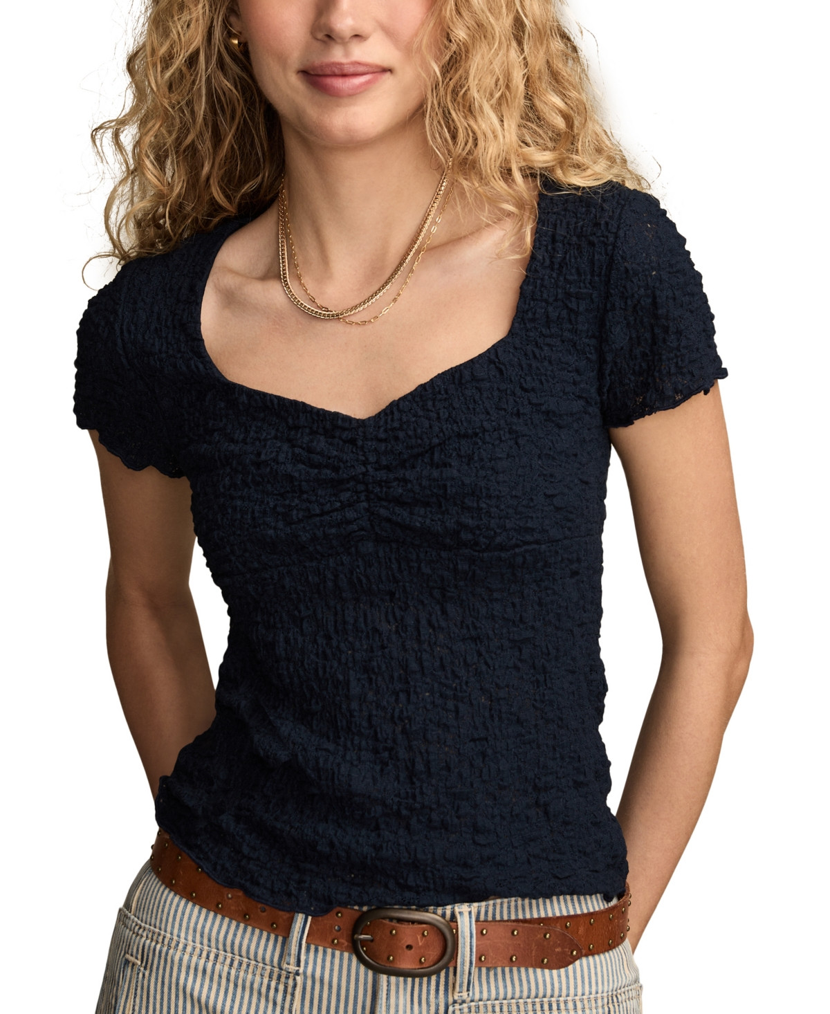 Lucky Brand Women's Textured Sweetheart Neck Babydoll Top - Black Iris | Macy's