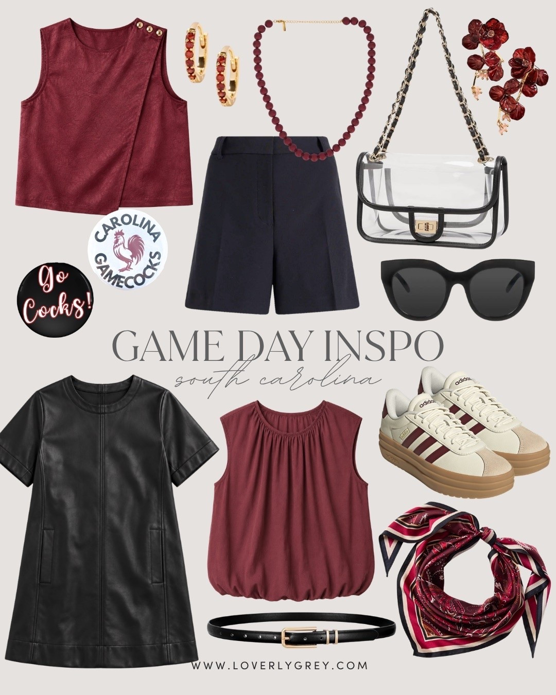 South Carolina football game day outfit inspo! I specifically love that black faux leather mini dress for pre fall! 

Loverly Grey, South Carolina game day, college game day outfit inspo, gamecocks, garnet and black, South Carolina outfit inspo, clear purse

#LTKSeasonal