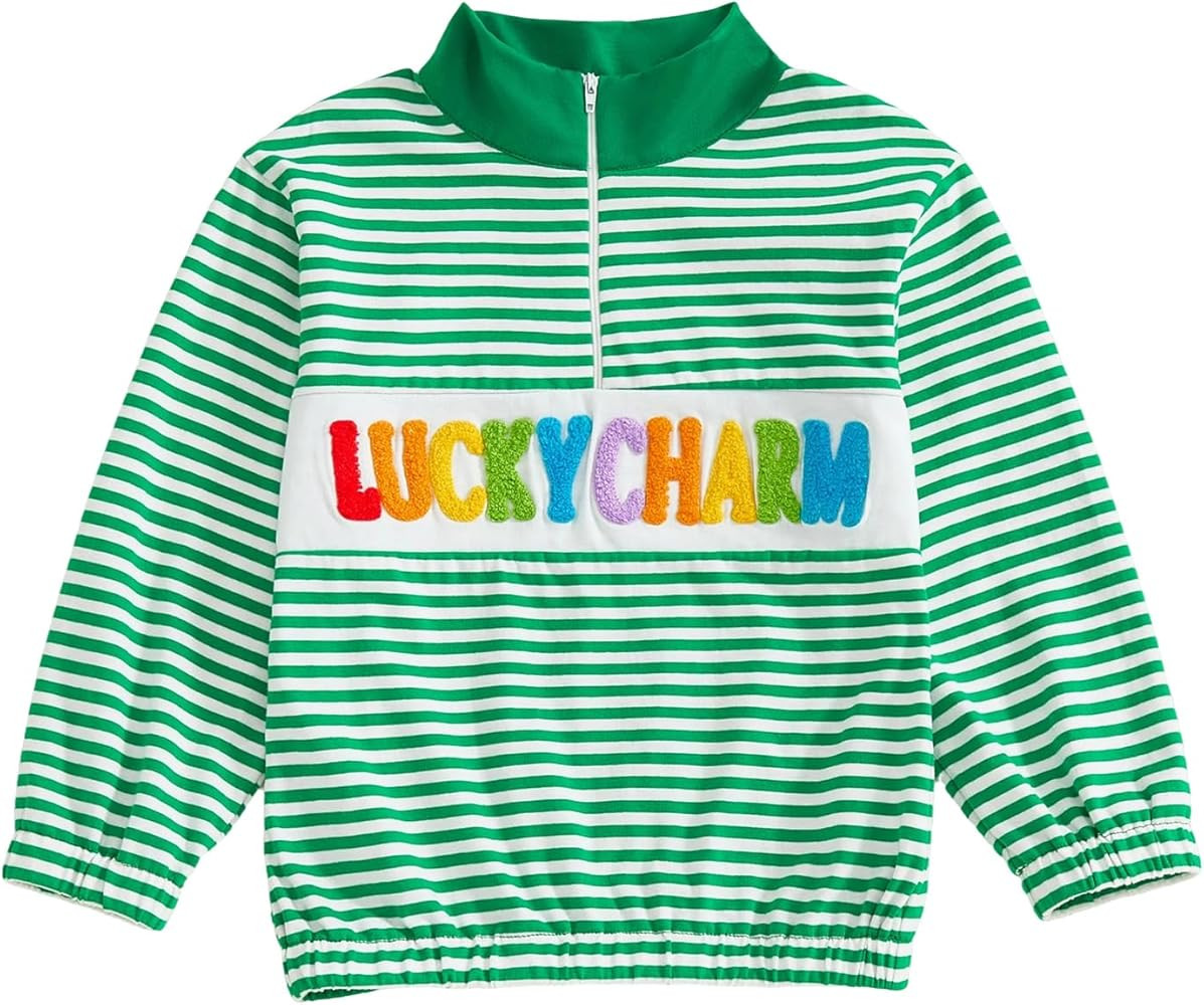 Toddler Baby Boy St Patrick Day Outfit Lucky Charm Striped Sweatshirt Zip Up Long Sleeve Pullover... | Amazon (US)
