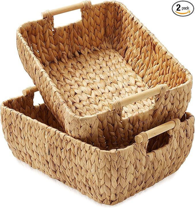 Casafield Set of 2 Water Hyacinth Oval Storage Baskets with Wooden Handles - Large, Woven Bin Org... | Amazon (US)