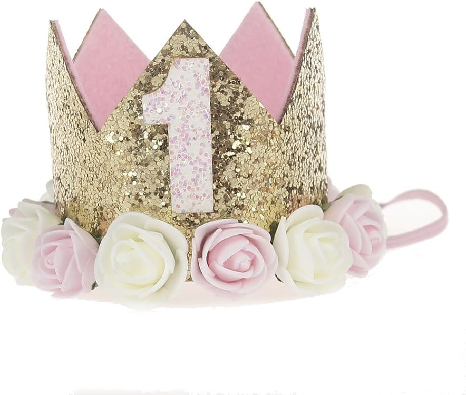 Baby Princess Tiara Crown, Baby Girls/Kids First Birthday Hat Sparkle Gold Flower Style with Arti... | Amazon (US)