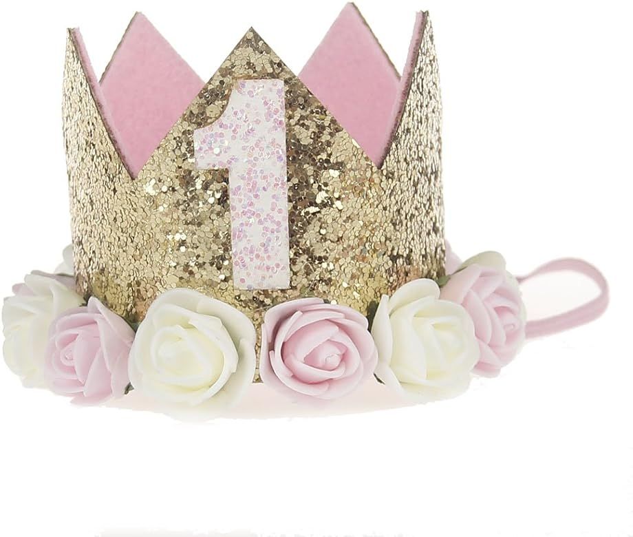Baby Princess Tiara Crown, Baby Girls/Kids First Birthday Hat Sparkle Gold Flower Style with Arti... | Amazon (US)