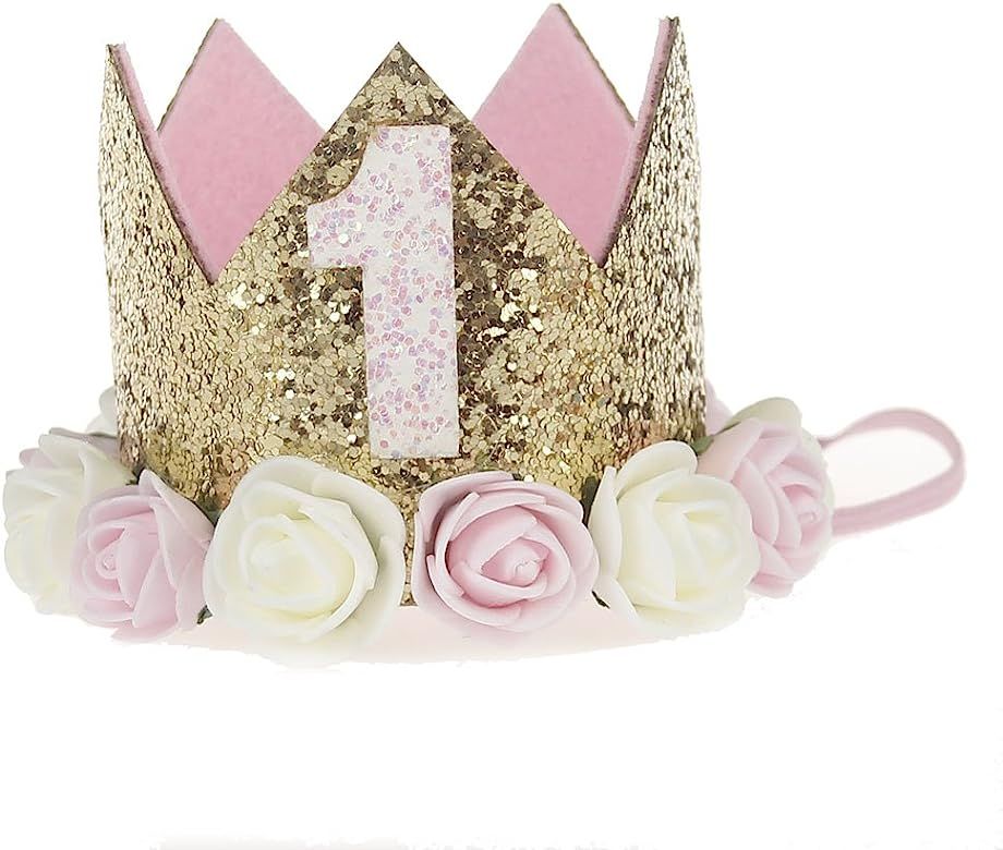 Baby Princess Tiara Crown, Baby Girls/Kids First Birthday Hat Sparkle Gold Flower Style with Arti... | Amazon (US)