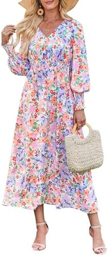 ANRABESS Women's Long Sleeve Floral Maxi Dress Casual V Neck Chiffon Boho Flowy Beach Fall Weddin... | Amazon (US)