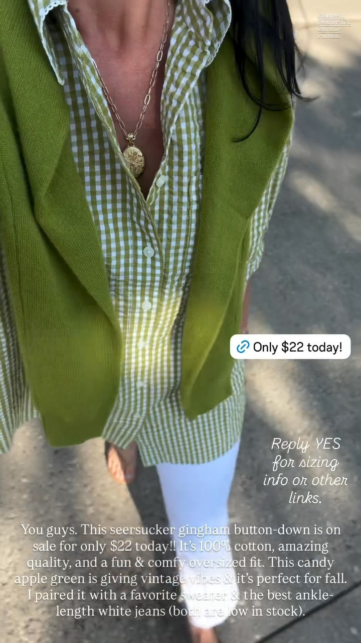 This seersucker green gingham button down is 100% cotton and has a very comfy over-sized fit. 

casual outfit, white denim, mom style, fall outfit  

 #LTKootd #LTKmomlife #LTKSeasonal