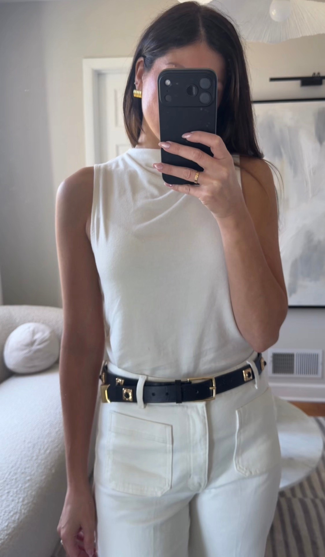 I just bought these jeans from H&M and I love the way they fit. I have been loving mock neck tops because they go with everything. Work outfit, black and gold belt, belts, spring, summer, classy, gold earrings.

#LTKootd #LTKSaleAlert