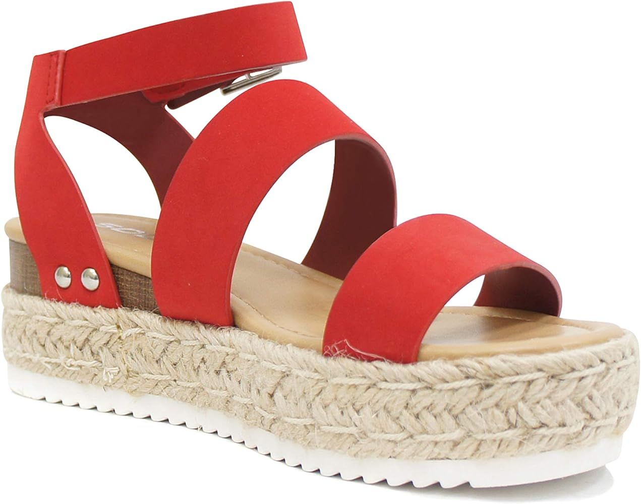 Soda Style Bryce ~ Open Toe Two Bands Espadrille Jute Platform Wedge Casual Fashion Flatform Sandals | Amazon (US)