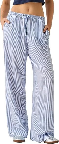 Women Drawstring Striped Pants High Waist Wide Leg Lounge Pants Casual Relaxed Fit Pajama Bottoms... | Amazon (US)