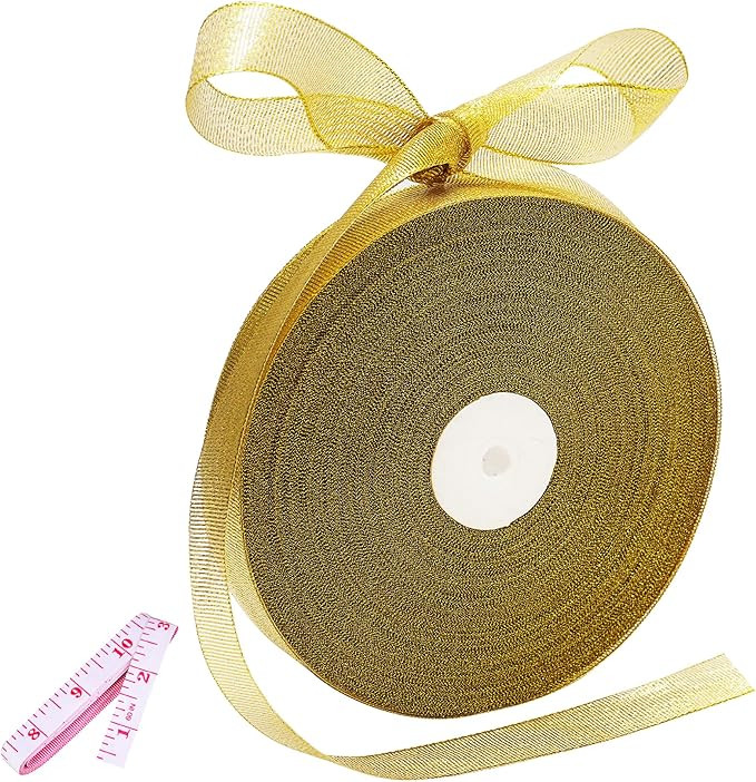 100 Yards Glitter Gold Ribbon 5/8 Inch, Sparkly Thin Solid Fabric Ribbon for Gift Wrapping, Craft... | Amazon (US)