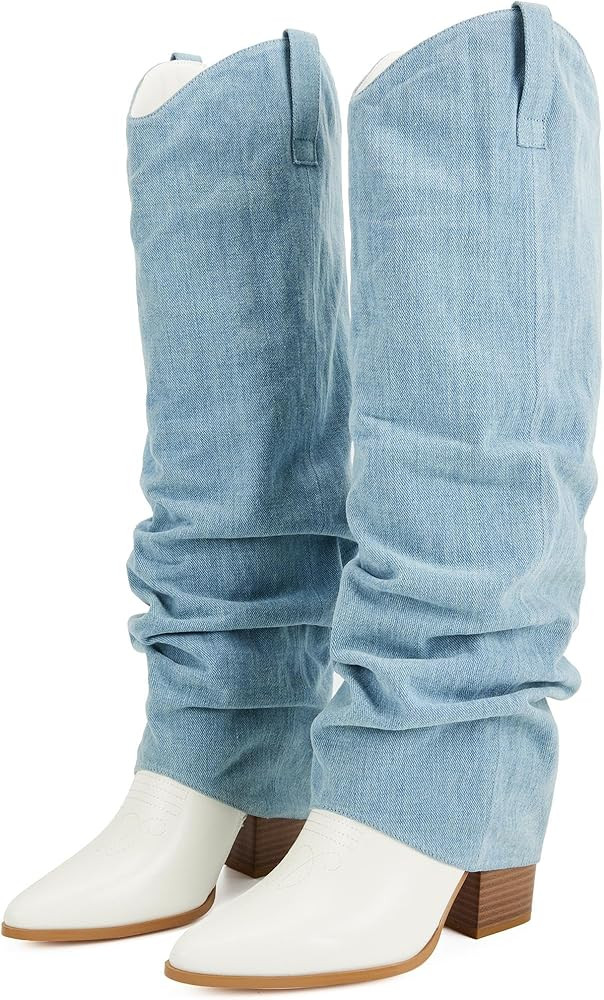Putu Fold Over Boots for Women Knee High Cowboy Boots Chunky High Heel Tall Boots | Amazon (US)