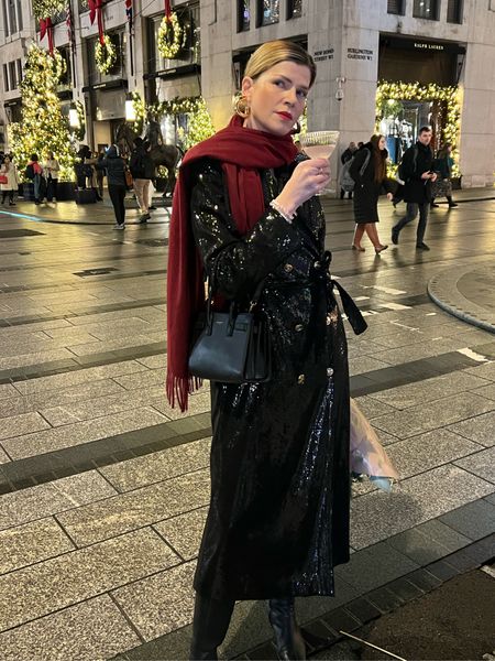 Sequin coat, sequin trench, burgundy scarf, festive looks, Christmas outfit, chunky hoops, statement earrings, sac de jour, ysl bag #LTKGift

#LTKeurope #LTKstyletip