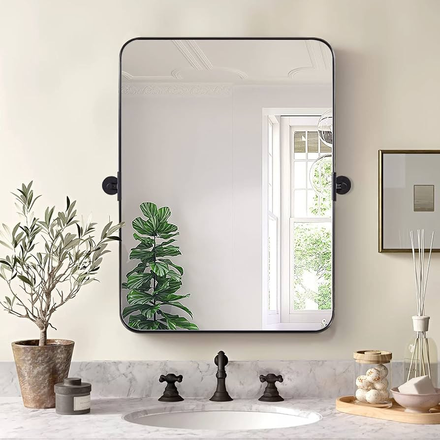 MOON MIRROR 20" x 28" Black Metal Framed Pivot Rectangle Bathroom Mirror, Tilting Rounded Rectang... | Amazon (US)