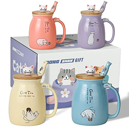 Cute Cat Mug Set of 4 Ceramic Coffee Cups with Lovely Kitty lid and Fish Spoon Novelty Morning Tea Milk Mug Set for Girls Women Christmas Birthday Gift Mug 450ML/15oz (4pcs,Blue Pink Purple Yellow) | Amazon (US)