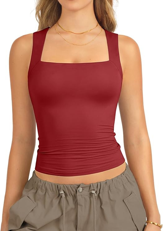 ATHMILE Tank Tops for Women Square Neck Sleeveless Double-Layer Tank Tops Basic Tight T Shirts | Amazon (US)