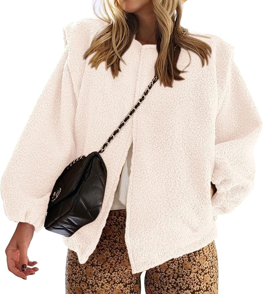 KIRUNDO Women's 2023 Fall Winter Sherpa Fleece Jacket Faux Wool Embedded Lantern Sleeve Casual Lo... | Amazon (US)